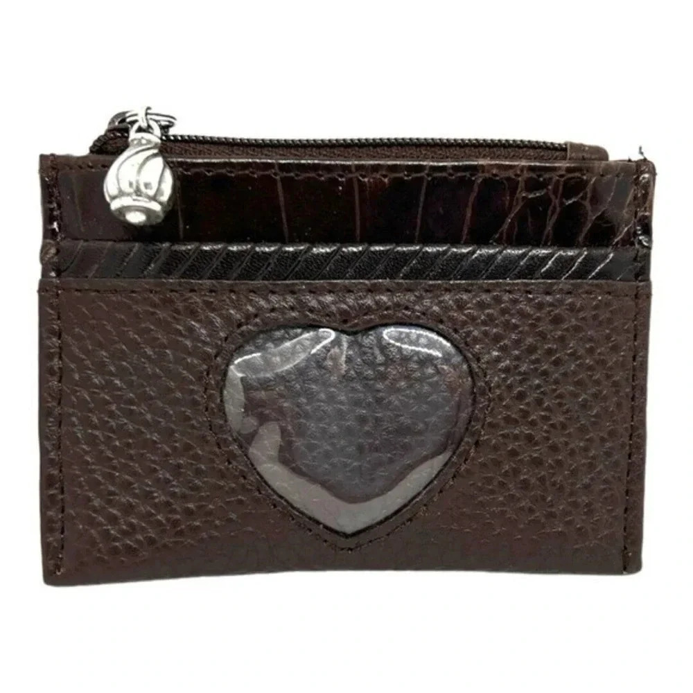 Brighton Small Wallet Brown Leather‎ ID Holder Zippered Coin Purse Heart Window‍